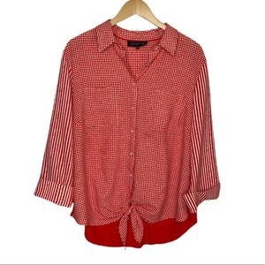 Jones New York Mixed Print Red White Tie‎ Blouse